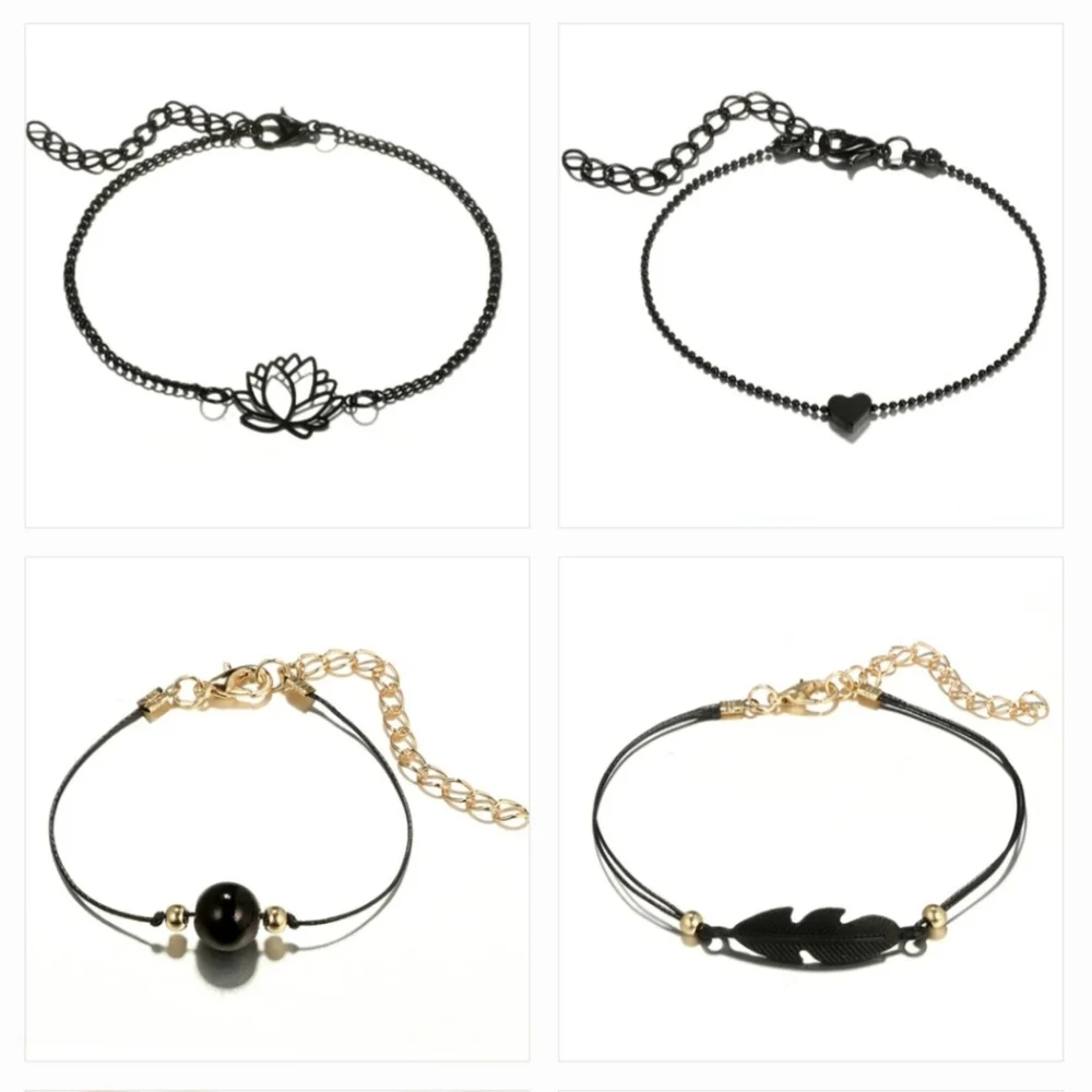 4pc Black & Gold Charm Layering Bracelets Feather Lotus Flower Heart Bead - Picture 4 of 13